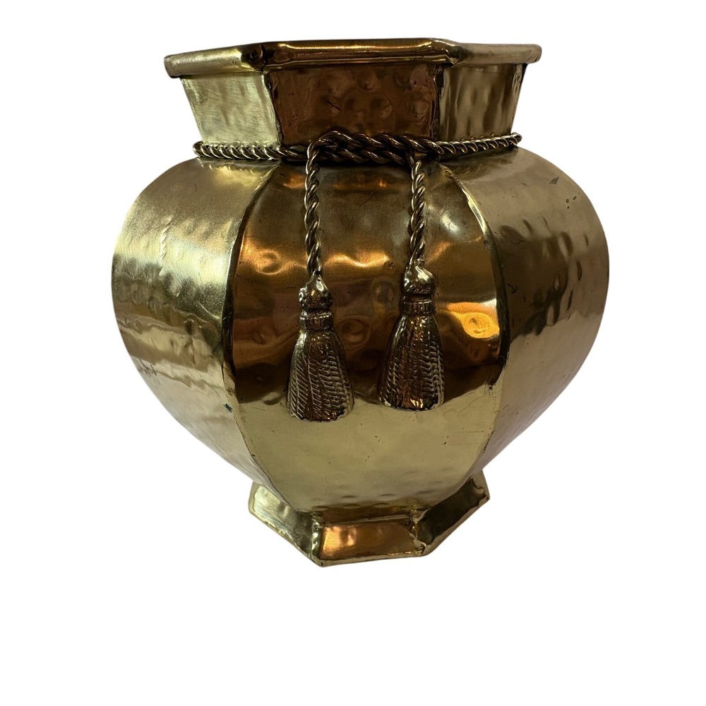 Vintage Hammered Brass Octagonal Planter Vase with Rope Tassels Made in‎ India